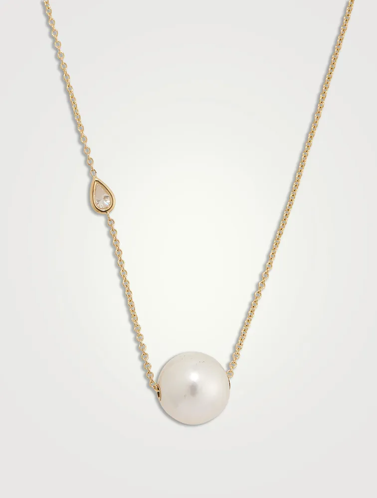 14K White Gold Chain Necklace With Pearl And Diamond