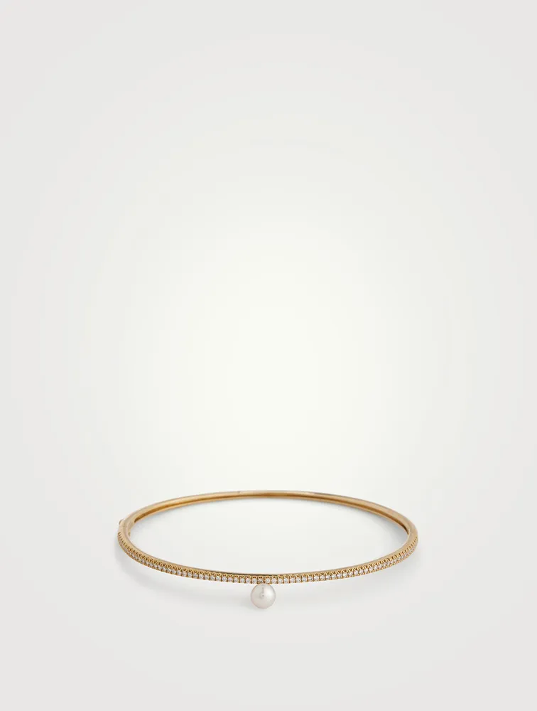 14K Gold Cuff Bracelet With Diamonds And Pearl