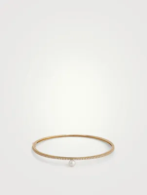 14K Gold Cuff Bracelet With Diamonds And Pearl