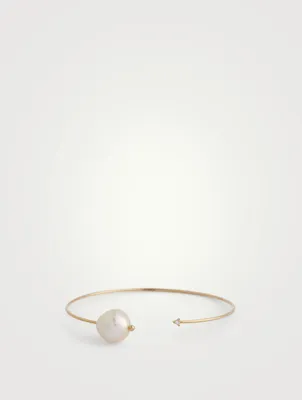 14K Gold Cuff Bracelet With Pearl And Diamond