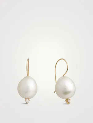 14K Gold Pearl Earrings With Diamonds