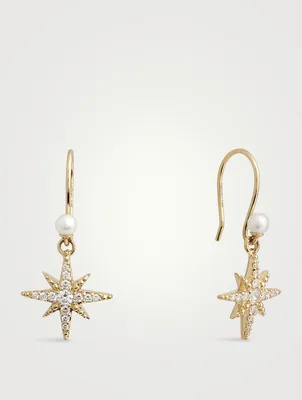 14K Gold Starburst Earrings With Diamonds And Pearls