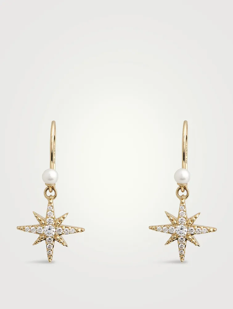 14K Gold Starburst Earrings With Diamonds And Pearls