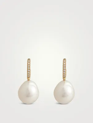 14K Gold Hoop Earrings With Pearls And Diamonds