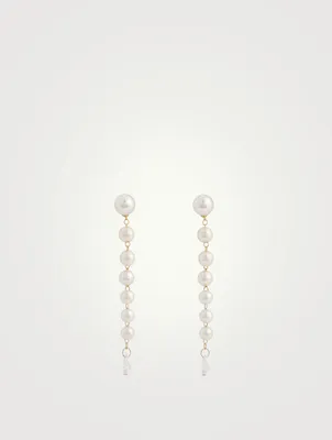 14K Gold Pearl Drop Earrings With Diamonds