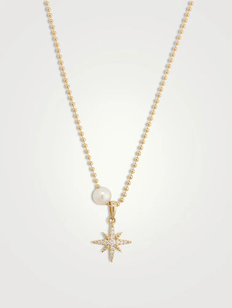 14K Gold Ball Chain Starburst Pendant Necklace With Pearl And Diamonds