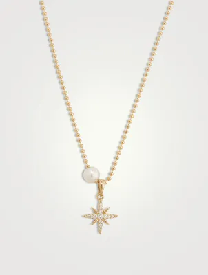 14K Gold Ball Chain Starburst Pendant Necklace With Pearl And Diamonds