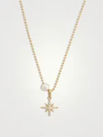 14K Gold Ball Chain Starburst Pendant Necklace With Pearl And Diamonds