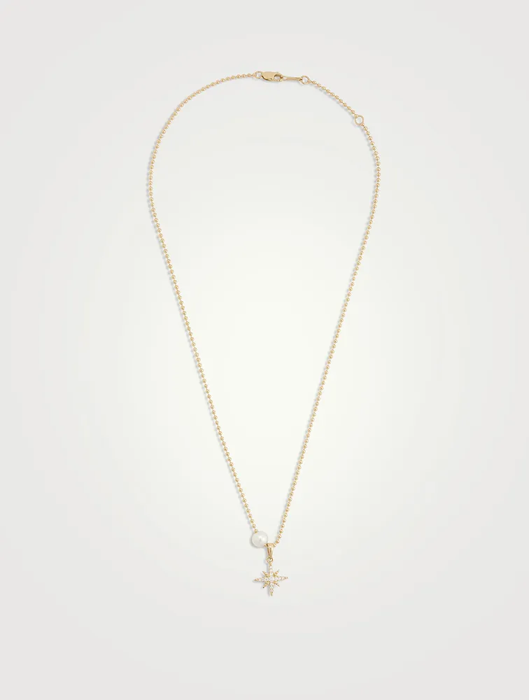 14K Gold Ball Chain Starburst Pendant Necklace With Pearl And Diamonds