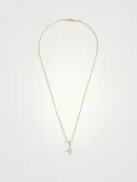 14K Gold Ball Chain Starburst Pendant Necklace With Pearl And Diamonds