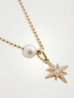 14K Gold Ball Chain Starburst Pendant Necklace With Pearl And Diamonds