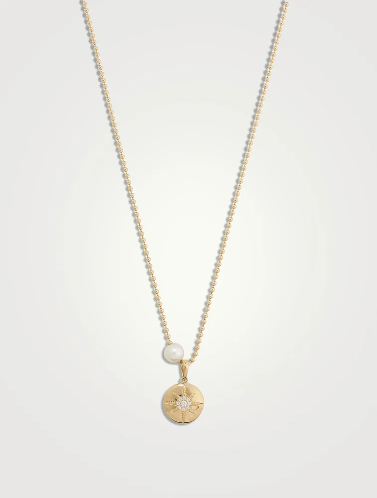 14K Gold Ball Chain Starburst Medallion Pendant Necklace With Pearl And Diamond