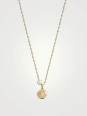 14K Gold Ball Chain Starburst Medallion Pendant Necklace With Pearl And Diamond