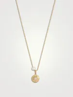 14K Gold Ball Chain Starburst Medallion Pendant Necklace With Pearl And Diamond