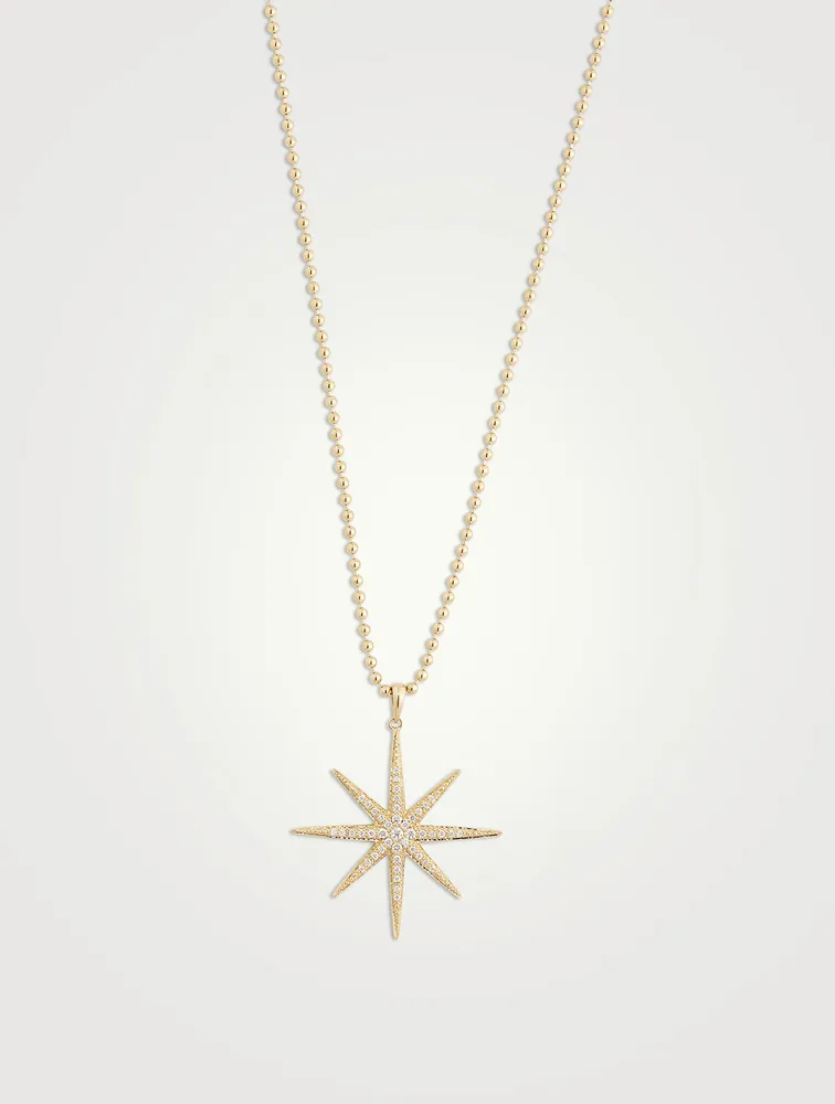 14K Gold Ball Chain Starburst Pendant Necklace With Diamonds