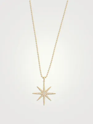 14K Gold Ball Chain Starburst Pendant Necklace With Diamonds