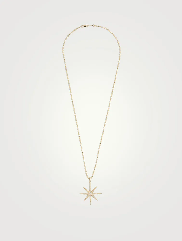 14K Gold Ball Chain Starburst Pendant Necklace With Diamonds