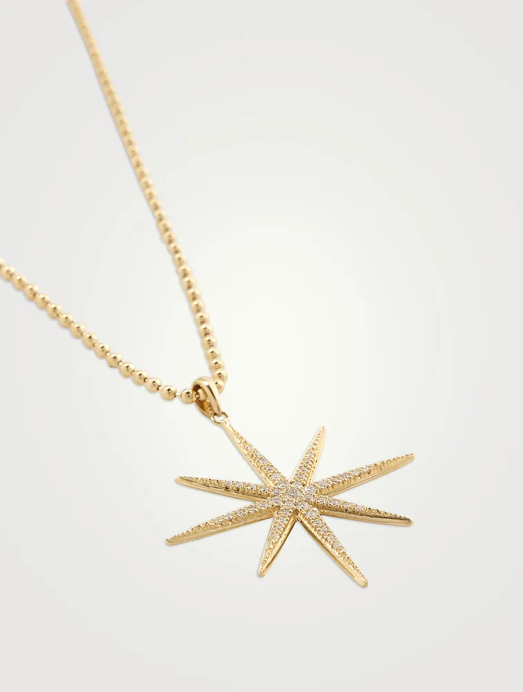 14K Gold Ball Chain Starburst Pendant Necklace With Diamonds