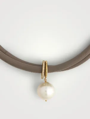 Leather And 14K Gold Necklace With Pearl And Diamonds