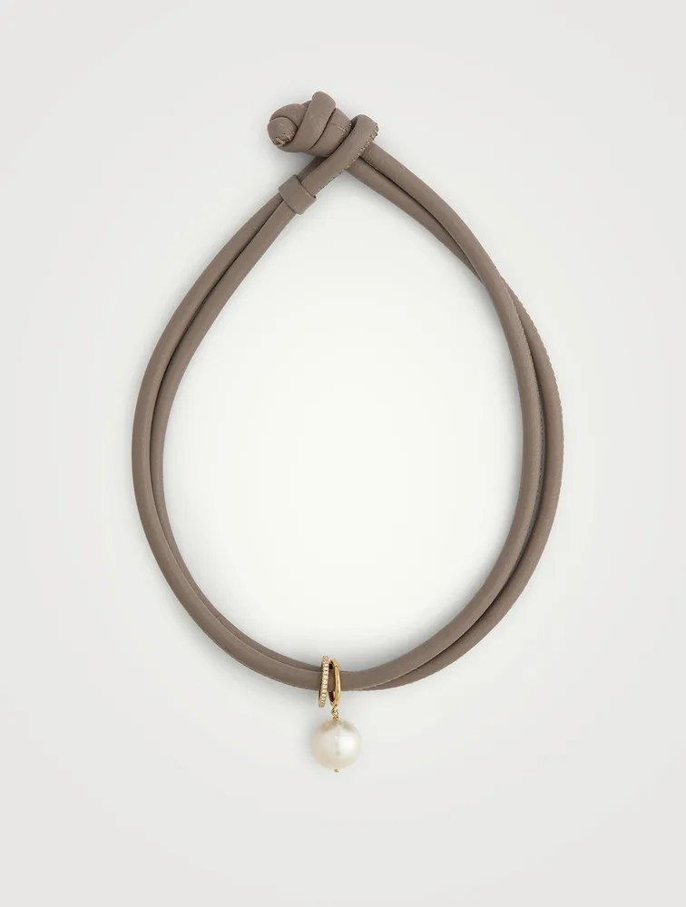 Leather And 14K Gold Necklace With Pearl And Diamonds
