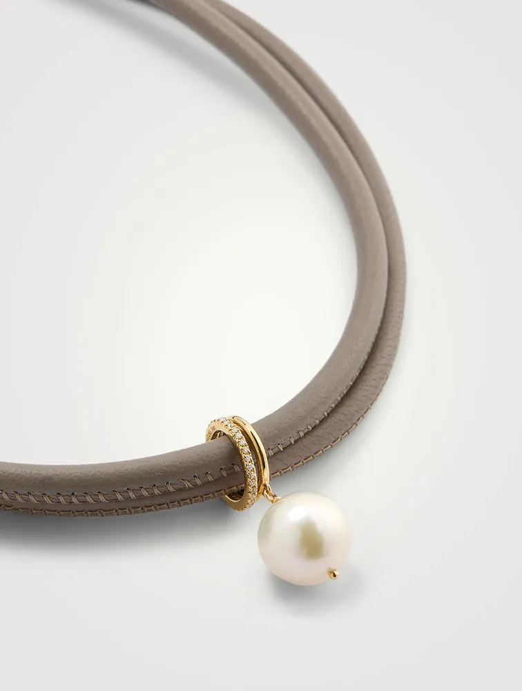 Leather And 14K Gold Necklace With Pearl And Diamonds