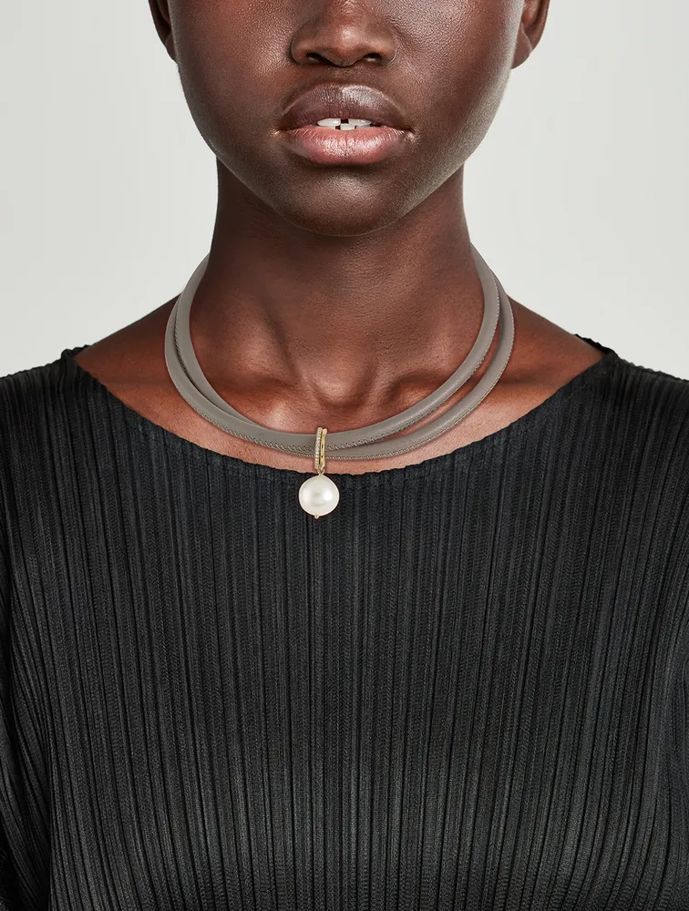 Leather And 14K Gold Necklace With Pearl And Diamonds