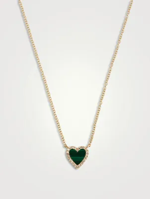 14K Gold Malachite Mini Heart Necklace With Diamonds