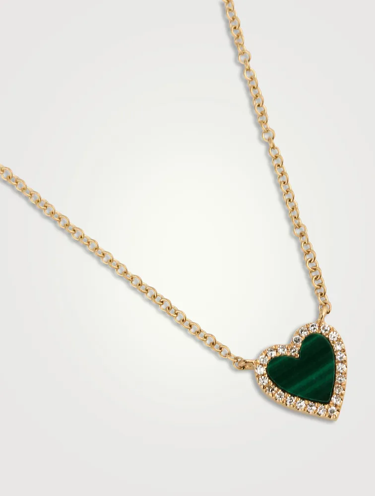 14K Gold Malachite Mini Heart Necklace With Diamonds