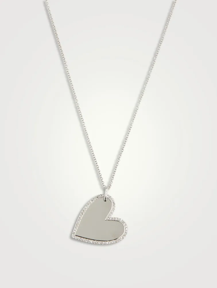 14K White Gold Mirror Heart Necklace With Diamonds