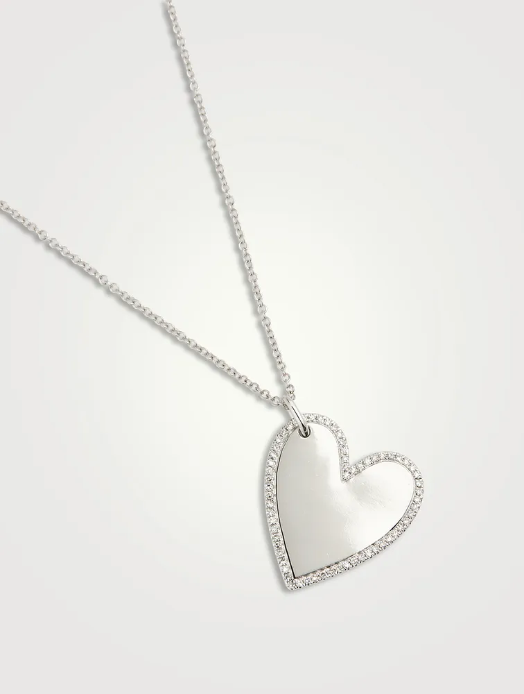 14K White Gold Mirror Heart Necklace With Diamonds