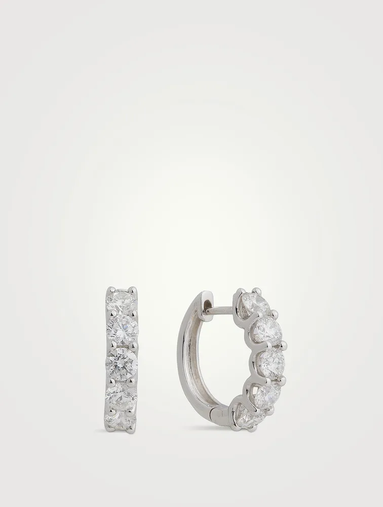 14K White Gold U-Shape Huggie Hoop Earrings With Diamonds