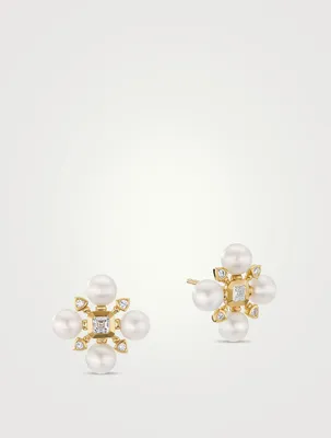 Renaissance Pearl Stud Earrings In 18k Yellow Gold With Diamonds