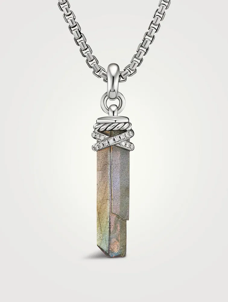 Wrapped Labradorite Crystal Amulet With Sterling Silver And Pavé Diamonds