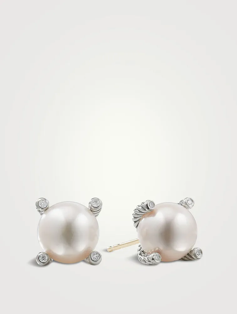 Cable Pearl Stud Earrings In Sterling Silver With Diamonds