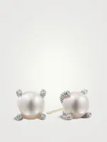 Cable Pearl Stud Earrings In Sterling Silver With Diamonds