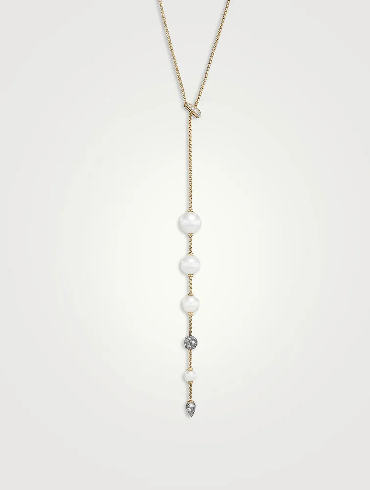 Pearl And Pavé Y Necklace In 18k Yellow Gold With Diamonds