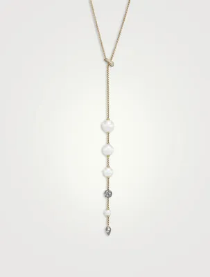 Pearl And Pavé Y Necklace In 18k Yellow Gold With Diamonds