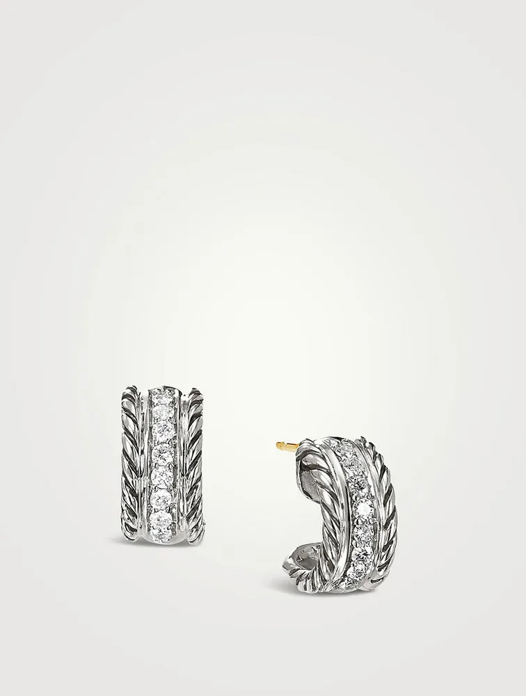 Cable Collectibles® Huggie Hoop Earrings In Sterling Silver With Pavé Diamonds