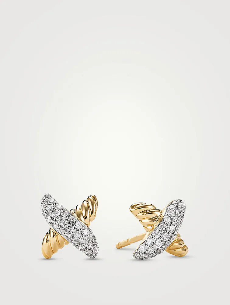 Petite X Stud Earrings In 18k Yellow Gold With Pavé Diamonds