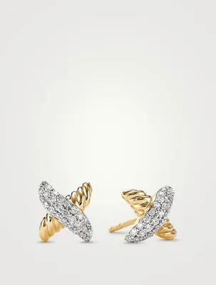Petite X Stud Earrings In 18k Yellow Gold With Pavé Diamonds