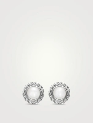 Pearl Classics Cable Halo Button Earrings In Sterling Silver With Diamonds, 13mm