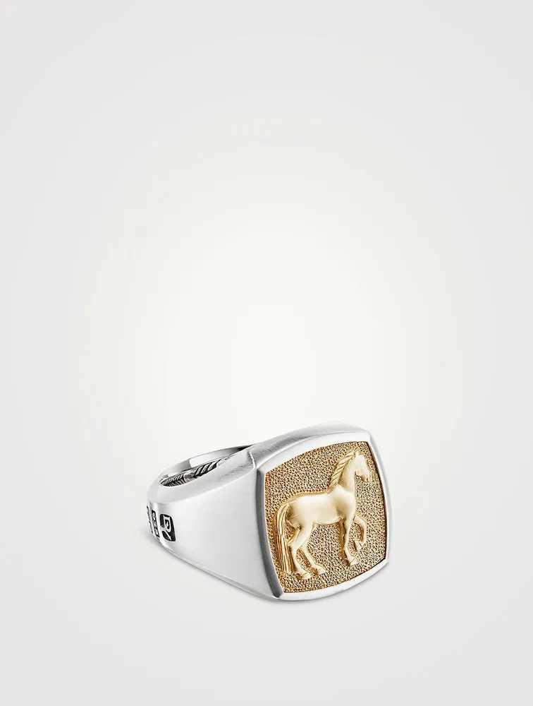 Petrvs® Horse Signet Ring Sterling Silver With 18k Yellow Gold