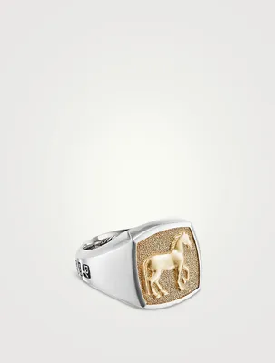 Petrvs® Horse Signet Ring Sterling Silver With 18k Yellow Gold