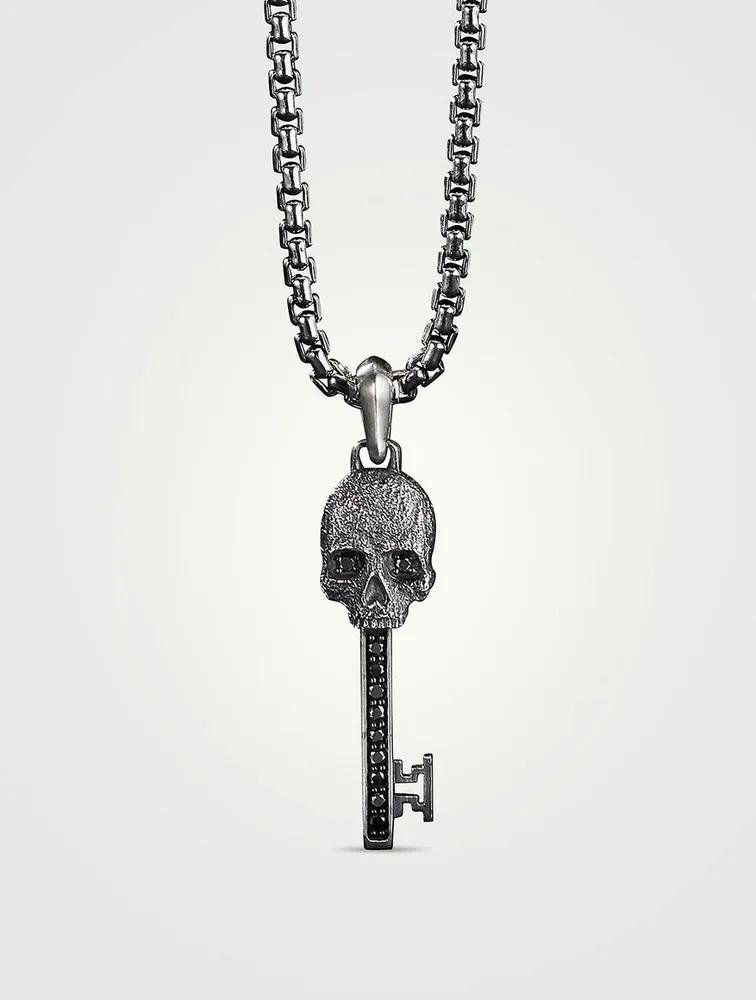 Memento Mori Skull Key Amulet In Sterling Silver With Pavé Black Diamonds