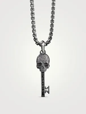 Memento Mori Skull Key Amulet In Sterling Silver With Pavé Black Diamonds