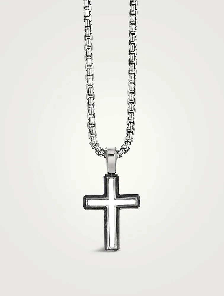 Forged Carbon Cross Pendant In Sterling Silver