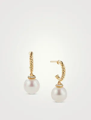 Solari Hoop Drop Earrings In 18k Yellow Gold With Pearls And Pavé Diamonds