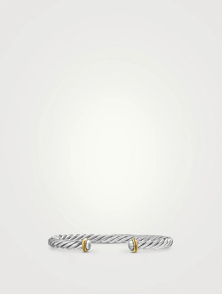 Cable Cuff Bracelet Sterling Silver With 14k Yellow Gold, 6mm