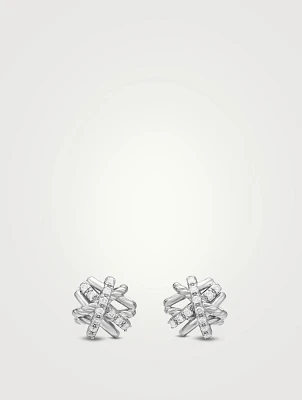 Crossover Stud Earrings In Sterling Silver With Diamonds, 11mm
