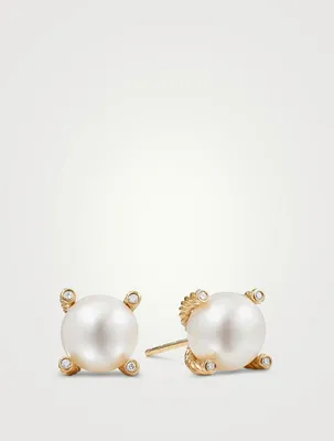 Cable Pearl Stud Earrings In 18k Yellow Gold With Diamonds